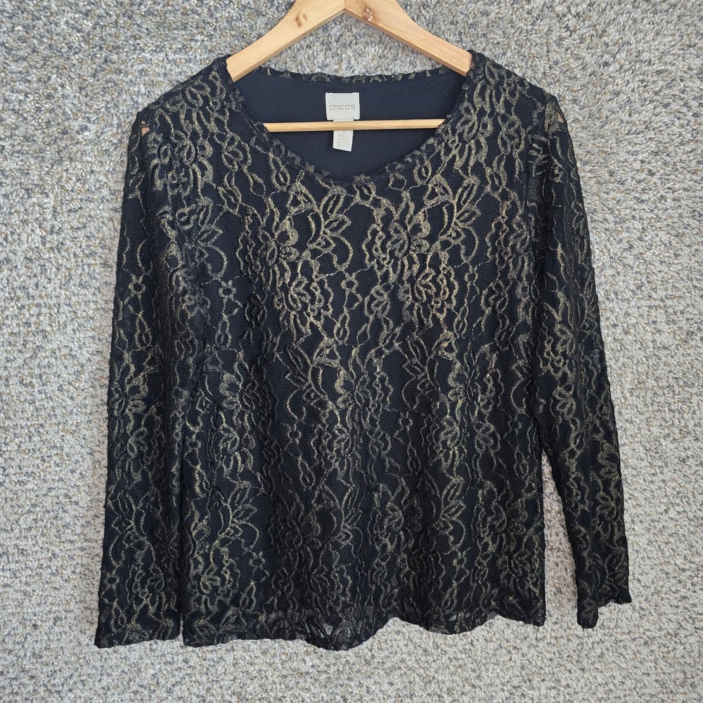 Chicos Top Womens 1 US Medium Black Foiled Lace Blouse Scoop Neck Casual Ladies